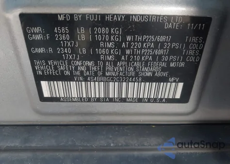 2012 Subaru Outback 2.5I Premium from USA, damaged, VIN 4S4BRBGC2C3224458